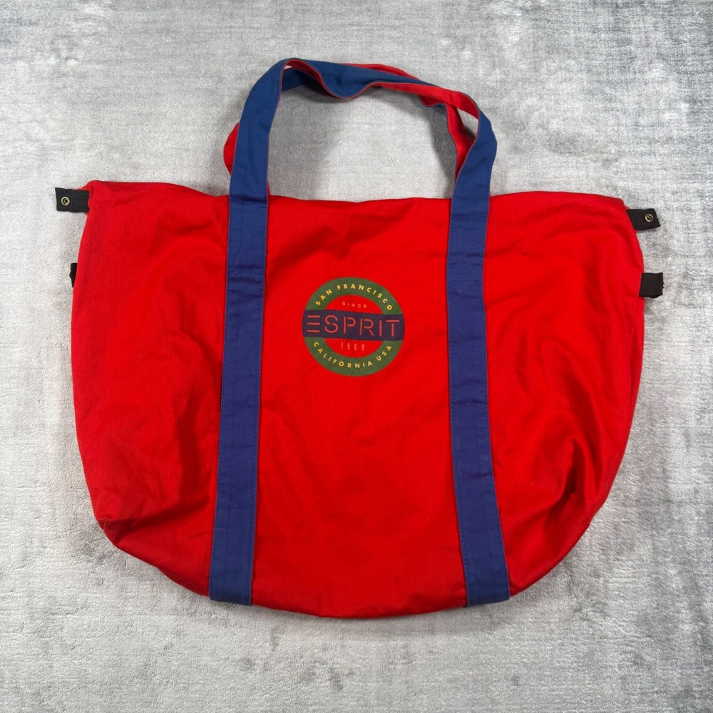 Esprit Tote Bag Red Blue Canvas Logo Vintage 90s Travel Beach Bag